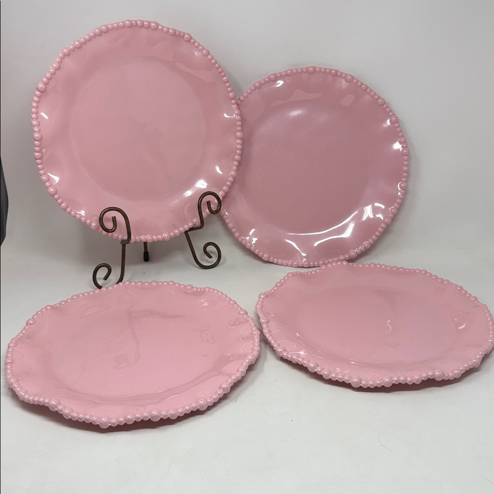 RACHEL ASHWELL Shabby Chic Scalloped Melamine 4 Dinner Plates Pink Pearl Glitter